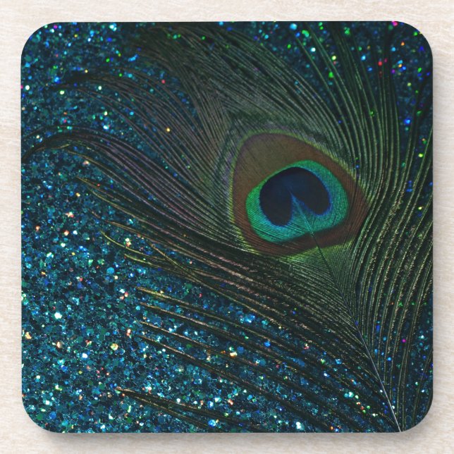 Glittery Aqua Peacock Coaster (Front)