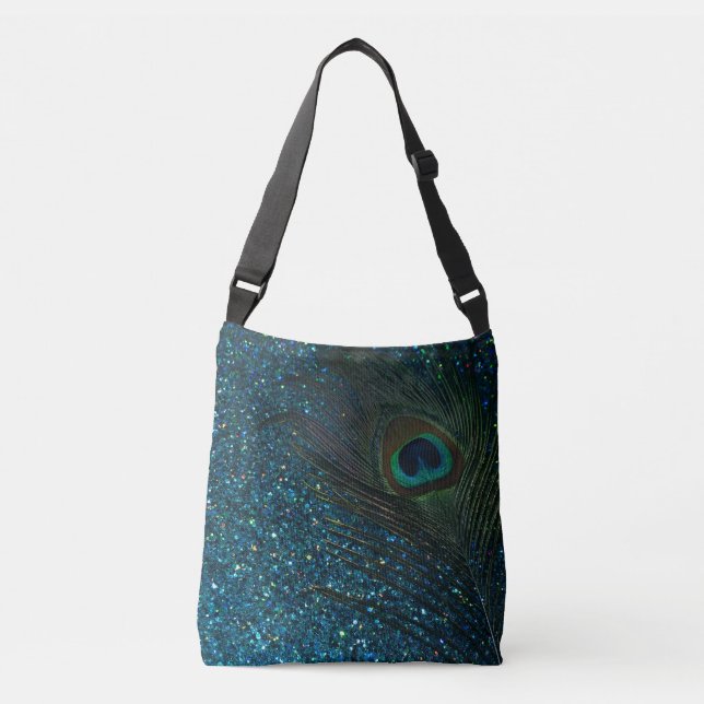 Glittery Aqua Peacock Crossbody Bag (Front)