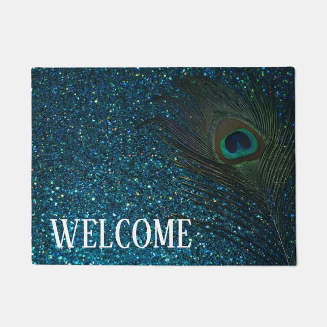 Glittery Aqua Peacock Doormat (Front)