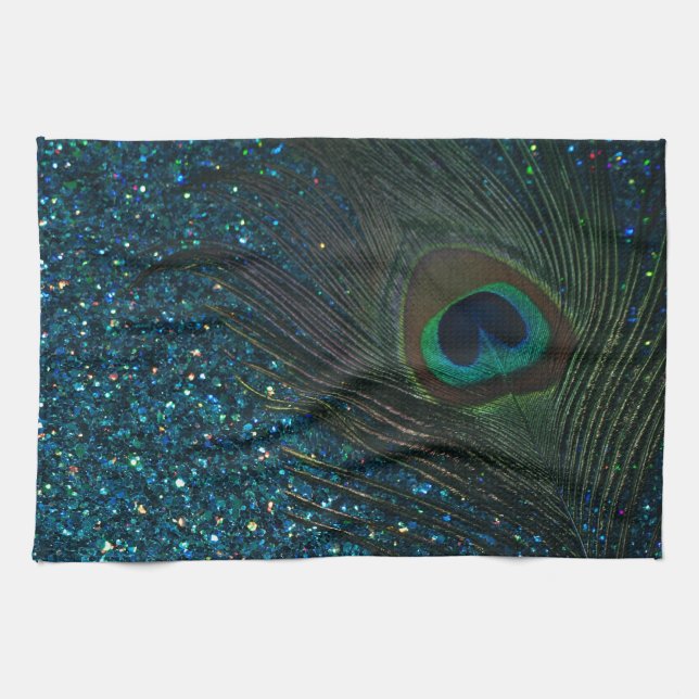 Glittery Aqua Peacock Kitchen Towel (Horizontal)
