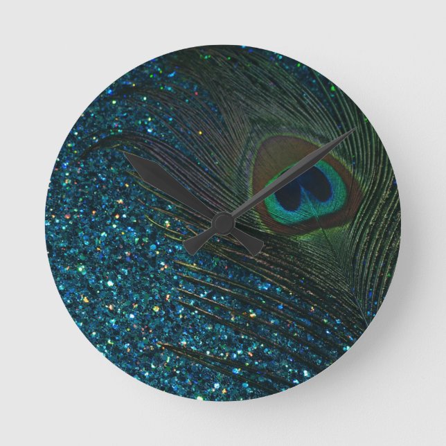 Glittery Aqua Peacock Round Clock (Front)