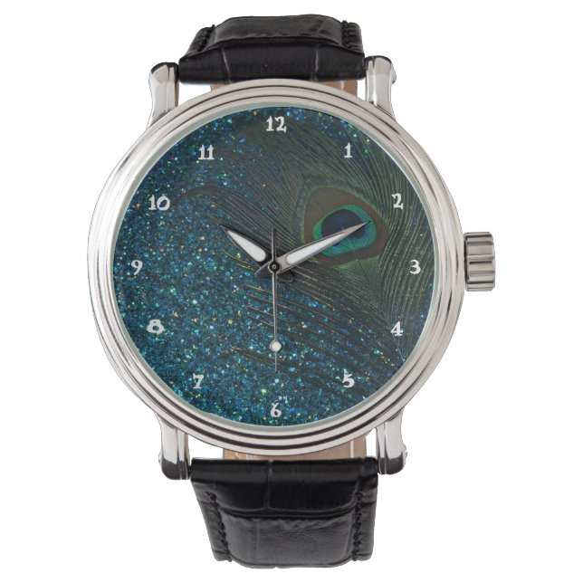 Glittery Aqua Peacock Watch (Front)