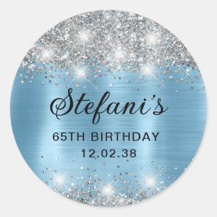 Glittery Baby Blue Foil 65th Birthday Classic Classic Round Sticker