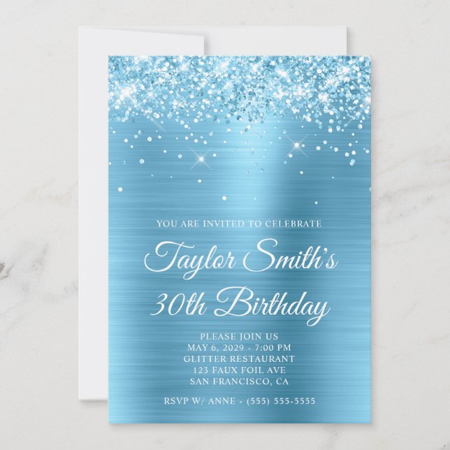 Glittery Baby Blue Glam 30th Birthday Invitation (Front)