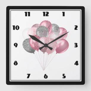 Glittery Balloon Bunch in Pink and Silver Square Wall Clock