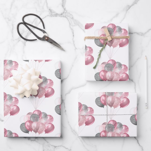 Glittery Balloon Bunch Pink and Silver Pattern Wrapping Paper Sheet (Front)