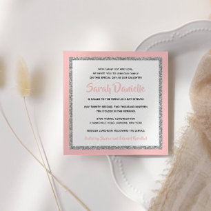 Glittery Bat Mitzvah Light Pink and Silver Square Invitation