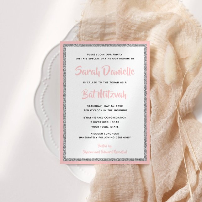 Glittery Bat Mitzvah Light Pink & Silver Rectangle Invitation (Creator Uploaded)