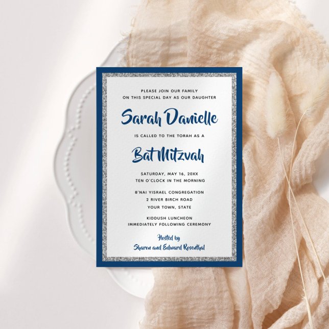 Glittery Bat Mitzvah Navy Blue & Silver Rectangle Invitation (Creator Uploaded)