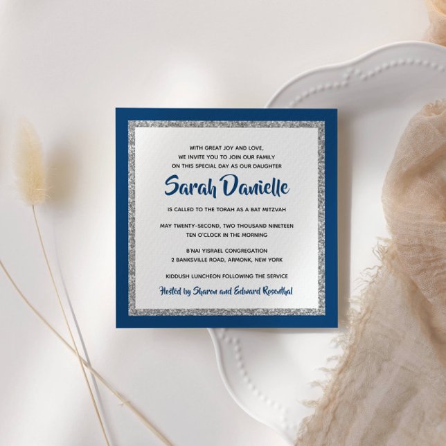 Glittery Bat Mitzvah Navy Blue Silver Square Invitation (Creator Uploaded)