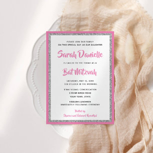 Glittery Bat Mitzvah Pink and Silver Rectangle Invitation