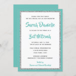 Glittery Bat Mitzvah Teal and Silver Rectangle Invitation<br><div class="desc">This trendy Bat Mitzvah invitation features sparkling faux glitter layered against a solid colour background.  Use the template form to add your own information.  The "Customize" feature can be used to change the font style,  colour and layout.</div>