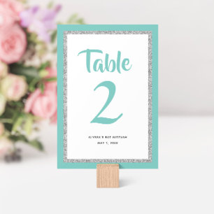Glittery Bat Mitzvah Teal and Silver Table Number