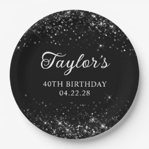 Glittery Black 40th Birthday Paper Plate