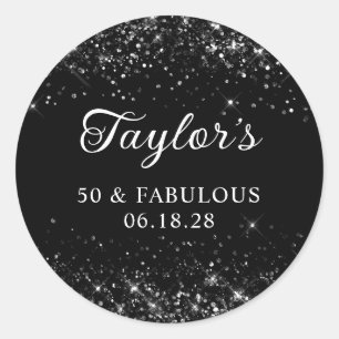 Glittery Black 50th Birthday Classic Round Sticker