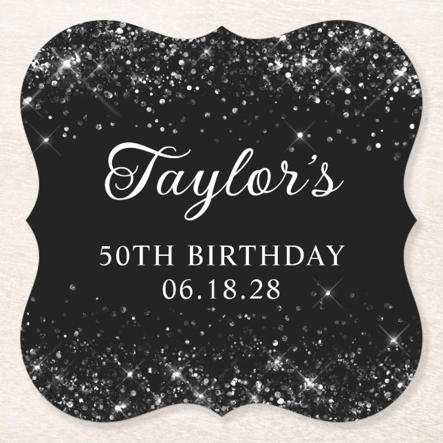 Glittery Black 50th Birthday Paper Coaster (Front)