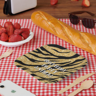 Glittery Black and Gold Tiger Stripe Paper Plates