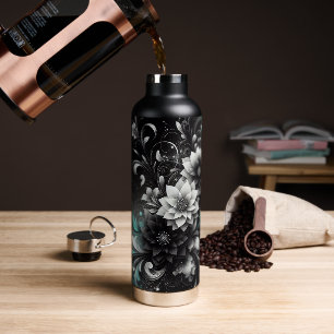 Glittery Black and Teal Floral Water Bottle