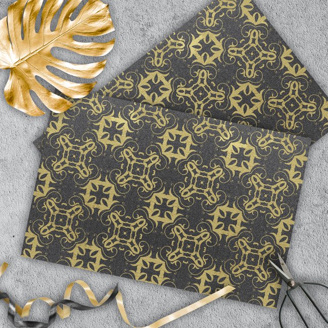 Glittery Black Faux Gold Metallic Damask Pattern Tissue Paper (Creator Uploaded)