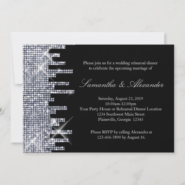 Glittery Black/Silver Glamour Rehearsal Dinner Invitation (Front)