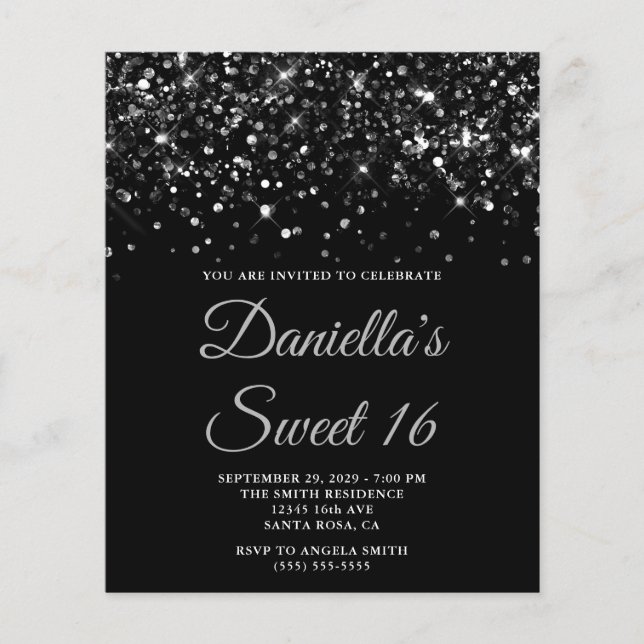 Glittery Black Sweet 16 Invite Flyer (Front)