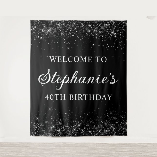 Glittery Black Welcome to 40th Birthday Tapestry (Front)