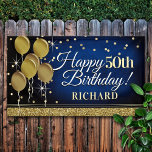 Glittery Blue and Gold Happy 50th Birthday Banner<br><div class="desc">Fun banner sign for indoors or out,  featuring some glam metallic balloons and glittery confetti on a rich textured royal blue background for your personalized birthday banner.</div>