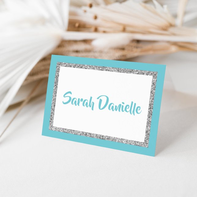 Glittery Blue and Silver Personalized Note Card (Creator Uploaded)