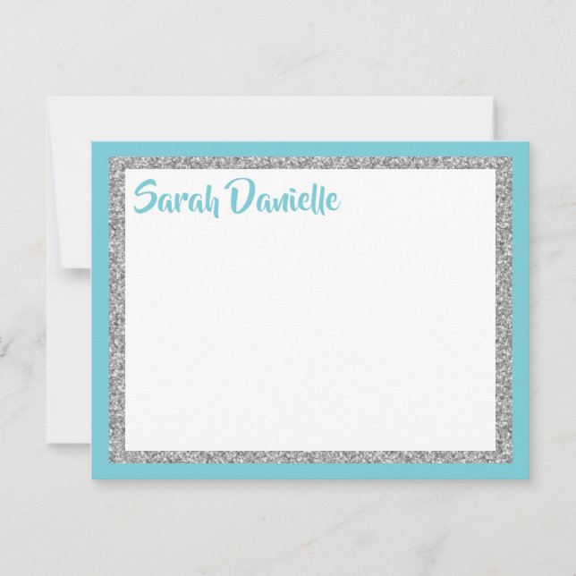 Glittery Blue and Silver Thank You Flat Card (Front)