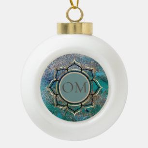 Glittery Blue Elegant OM Lotus    Ceramic Ball Chr Christmas Ornament
