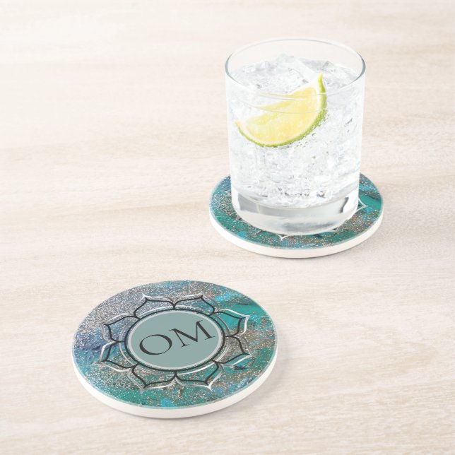 Glittery Blue Elegant OM Lotus  Coaster (Side)
