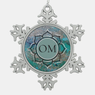 Glittery Blue Elegant OM Lotus    Snowflake Pewter Christmas Ornament