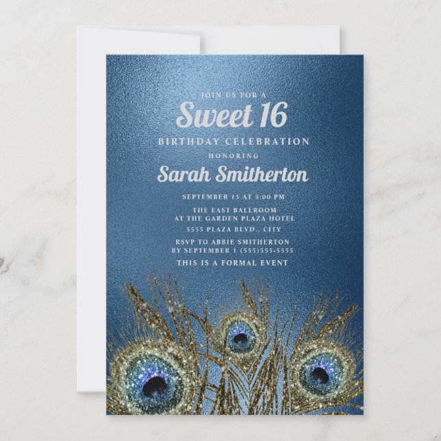 Glittery Blue Gold Peacock Feathers Sweet 16 Invitation (Front)