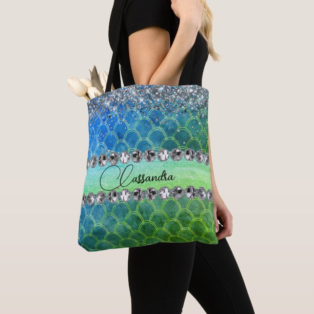 Glittery Blue Green Mermaid Diamond Bling    Tote Bag (Close Up)