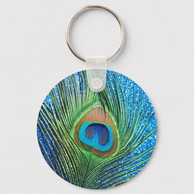Glittery Blue Peacock Feather Still Life Keychain (Front)
