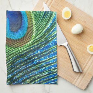 Glittery Blue Peacock Feather Still Life Kitchen Towel