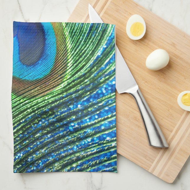 Glittery Blue Peacock Feather Still Life Kitchen Towel (Quarter Fold)