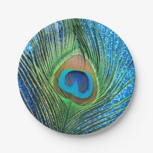 Glittery Blue Peacock Paper Plate