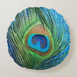 Glittery Blue Peacock Round Pillow