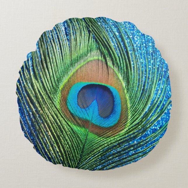 Glittery Blue Peacock Round Pillow (Front)
