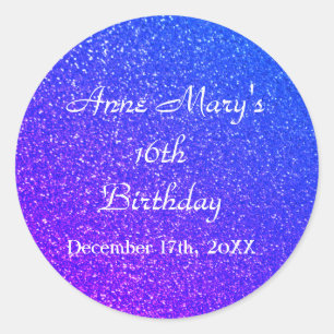Glittery Blue Sparkle 16th Birthday Custom Name Classic Round Sticker
