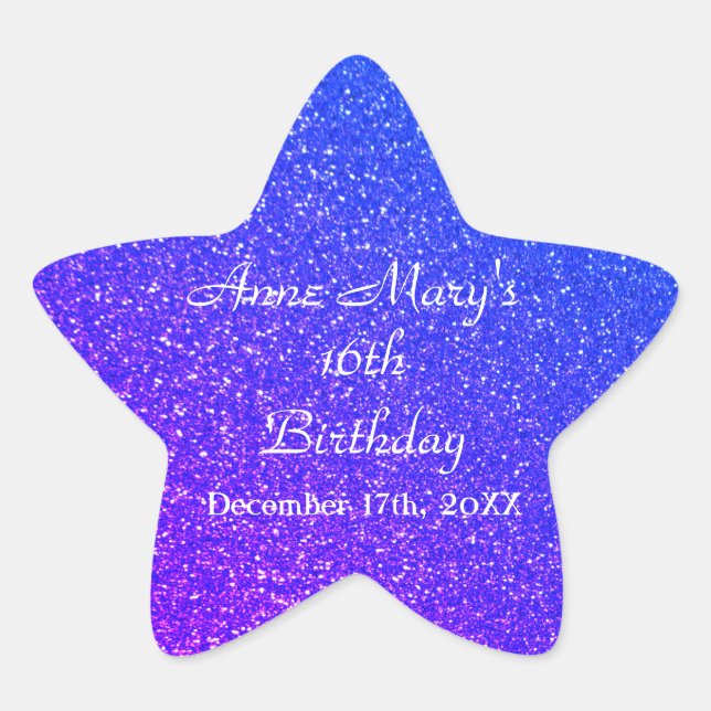 Glittery Blue Sparkle 16th Birthday Custom Name  Star Sticker (Front)