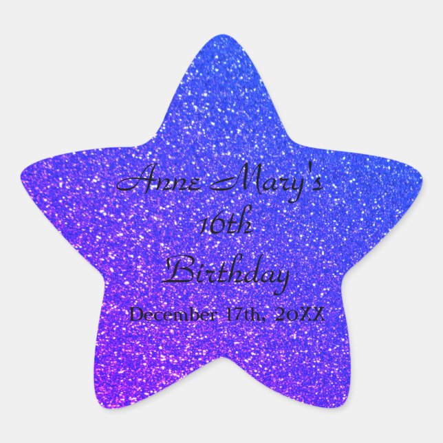 Glittery Blue Sparkle Custom Name 16th Birthday Star Sticker (Front)
