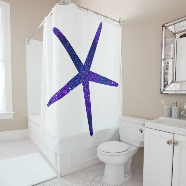 Glittery Blue Starfish Pattern White Beach Decor (In Situ)