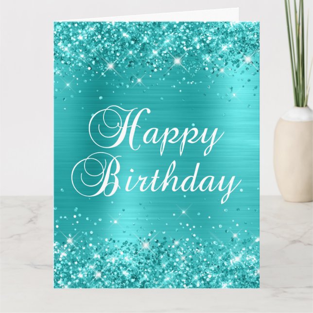 Glittery Blue Turquoise Big Happy Birthday Card (Front)