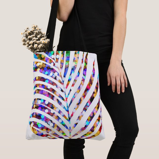 Glittery Bokeh Multicolor White Palm Tree Leaf Tote Bag (Close Up)
