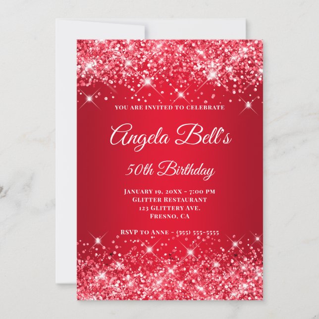 Glittery Bright Red Ombre Fancy Monogram Invitation (Front)