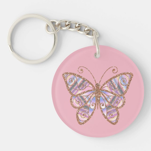 Glittery Butterfly Personalized Pink Key Chain (Front)