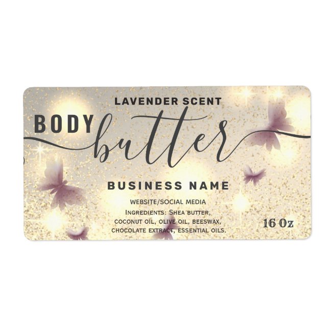 Glittery butterfly script body butter label (Front)