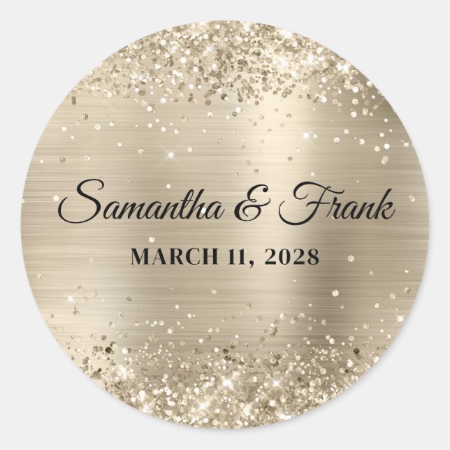 Glittery Champagne Foil Wedding Classic Round Sticker (Front)